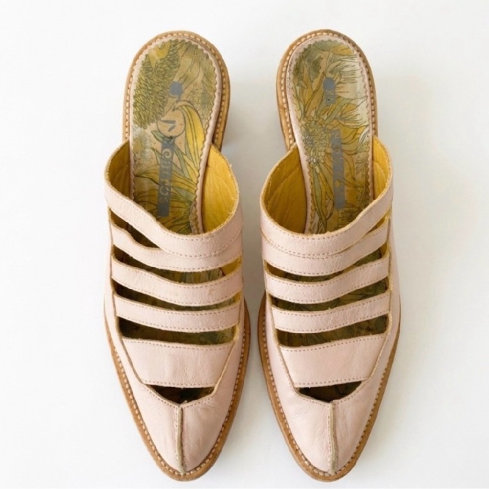 Vintage MOSQUITOS Pink Leather Caged Gladiator Mule Sandal Wooden Heel size 6